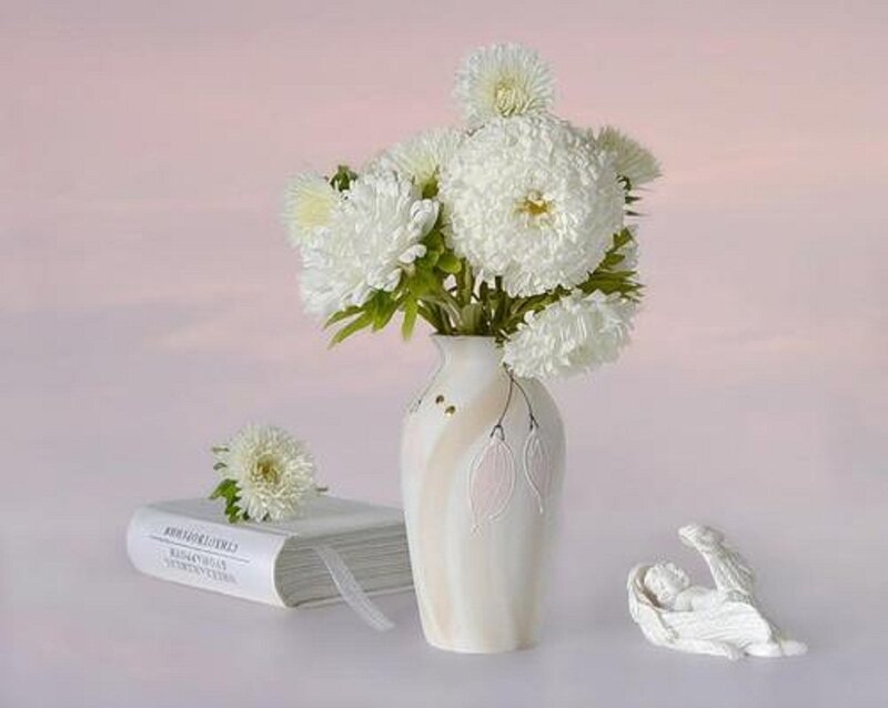 White Chrysanthemums in Vase — Serene, Photograph