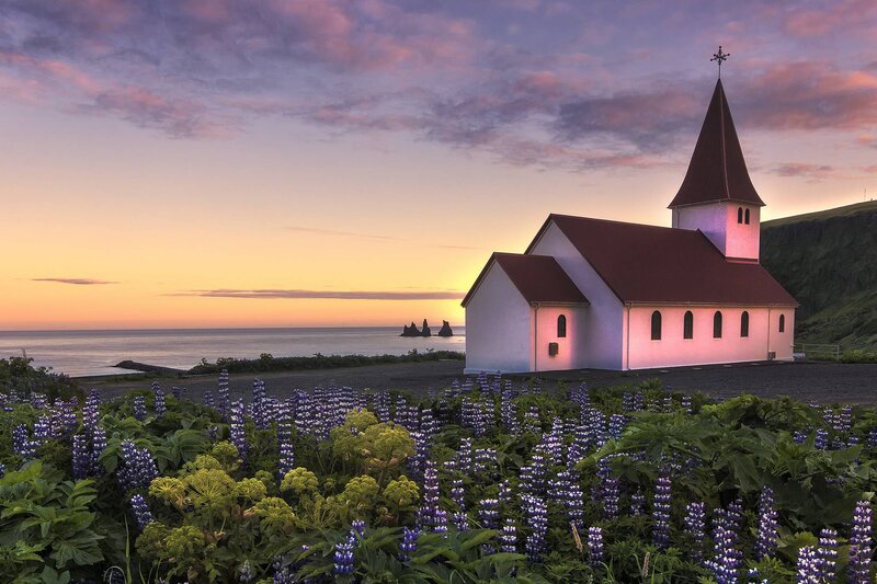 White Church at Sunset — Purple, Serene