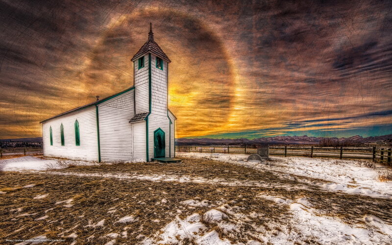 White church at sunset