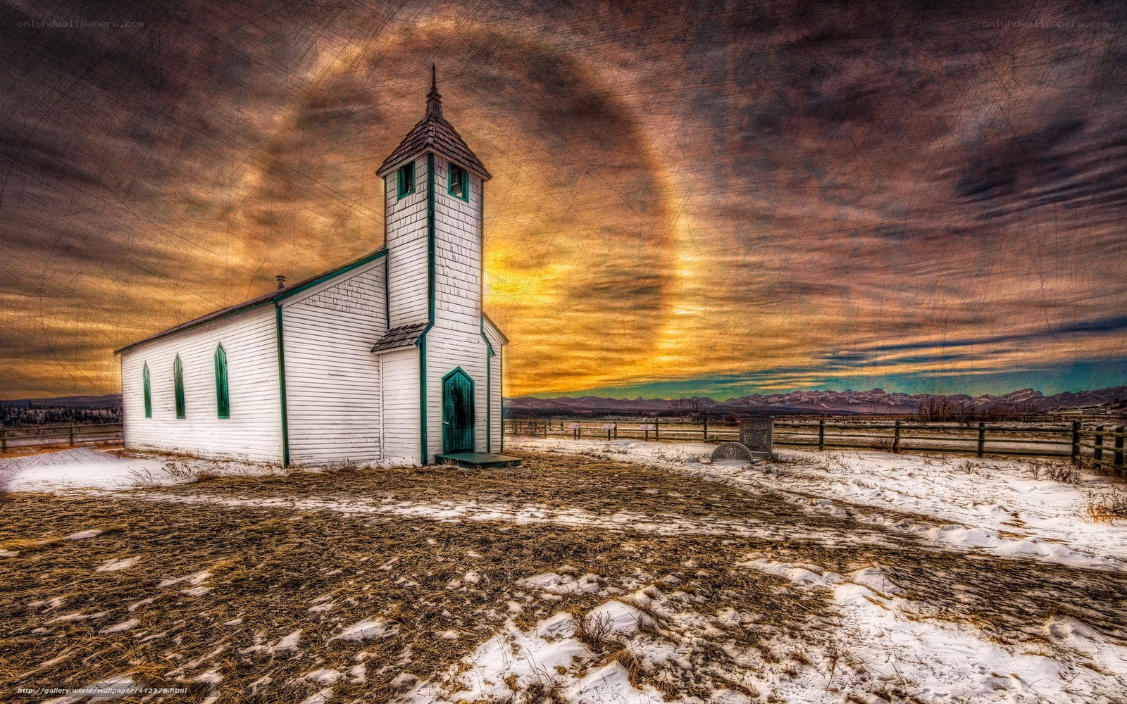 White church at sunset
