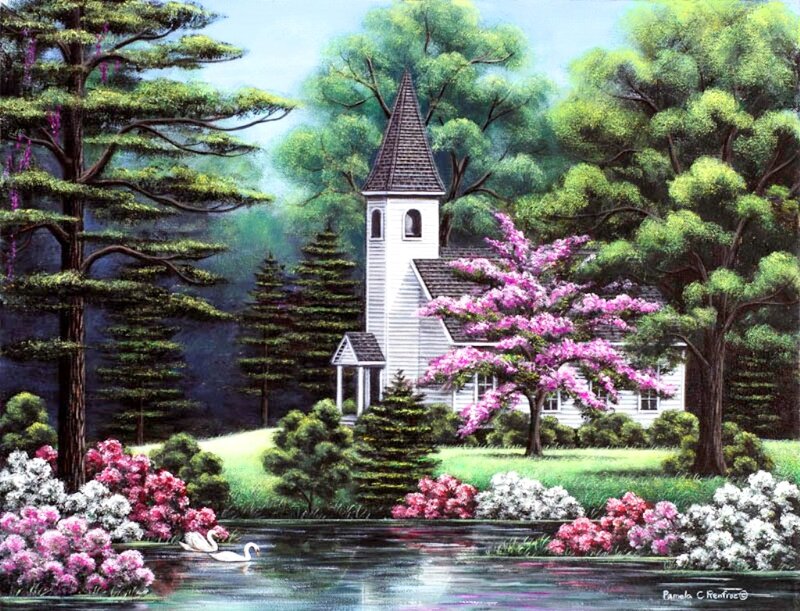 White Church by Lake — Green