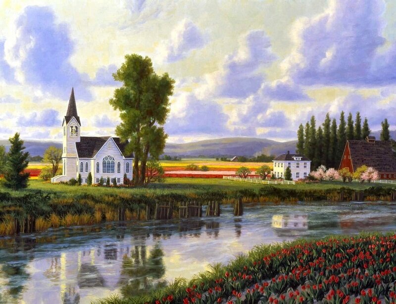 White Church by River — Green