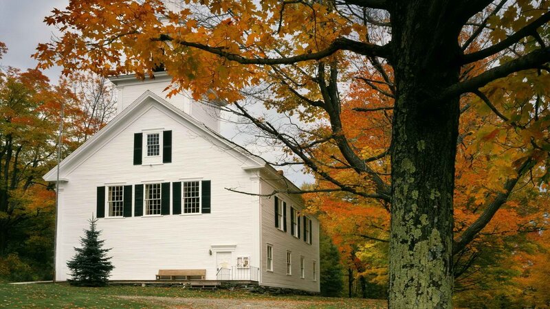 white church in autumn