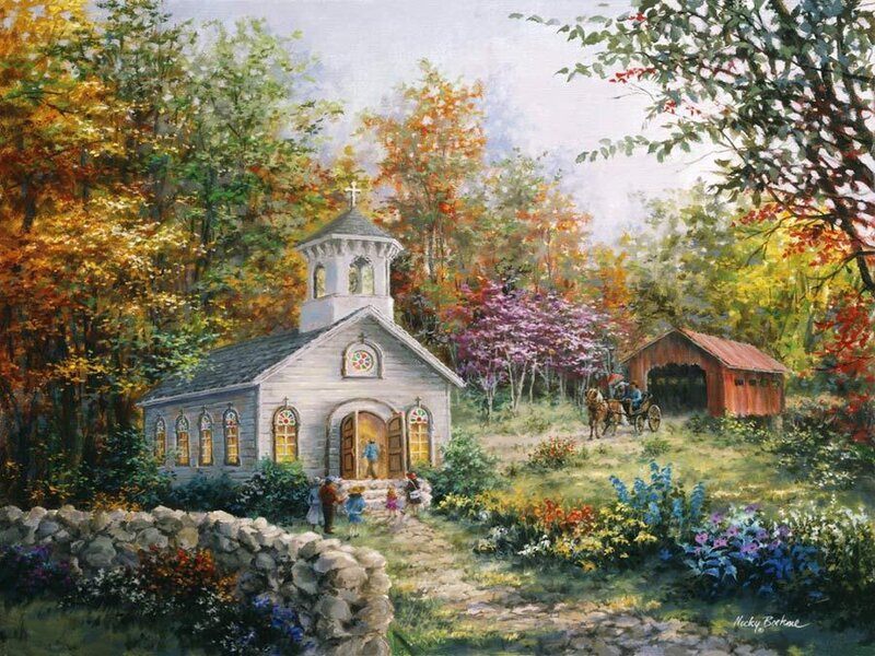White Church in Autumn — Green, Serene