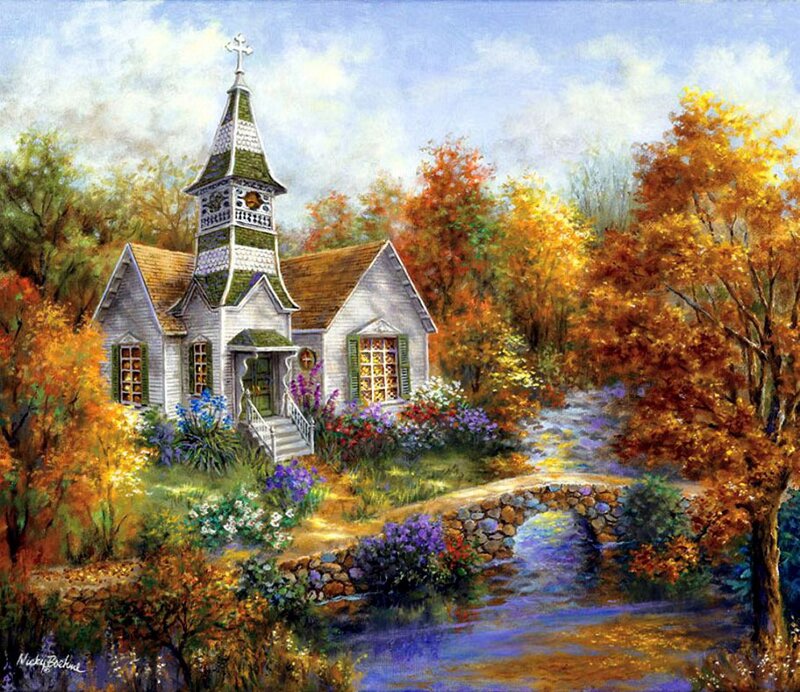 White Church in Autumn — Orange, Serene, Painting