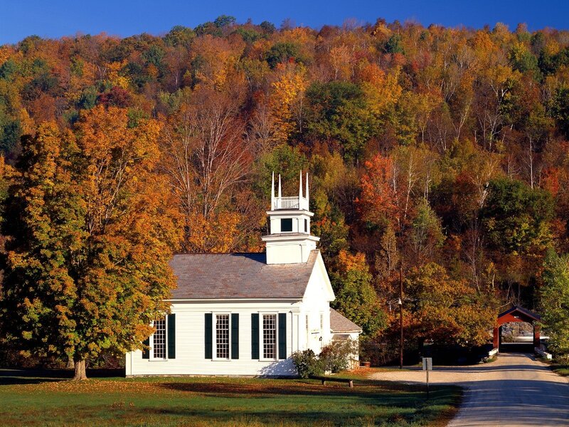 White Church in Autumn — Orange, Serene, Photograph, Forest