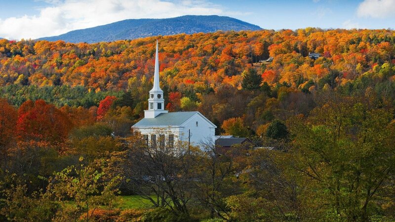 White Church in Autumn — Orange, Serene, Photograph, Trees, Mountain