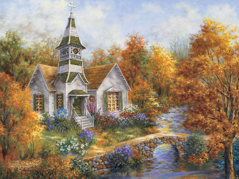 White Church in Autumn — Orange, Serene