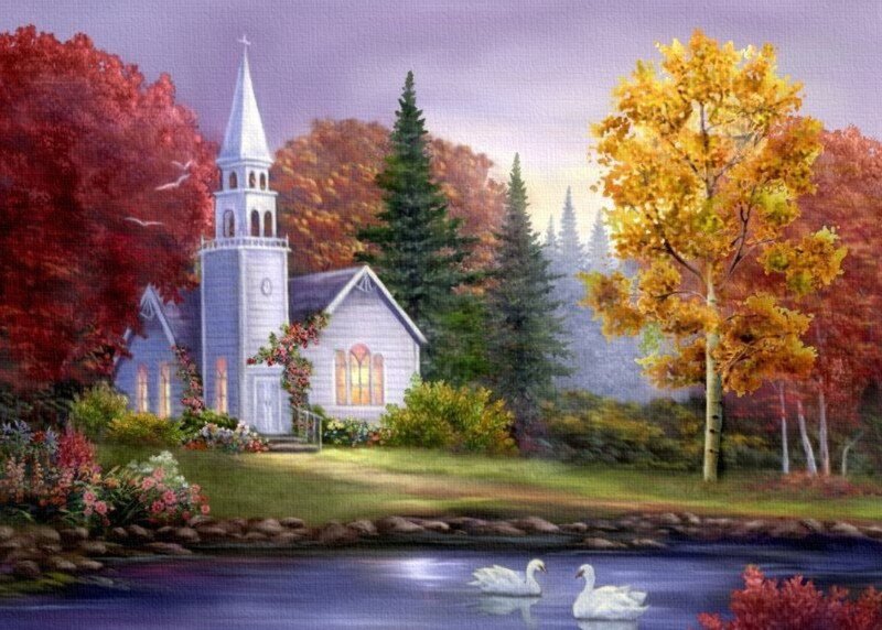 White Church in Autumn — Purple