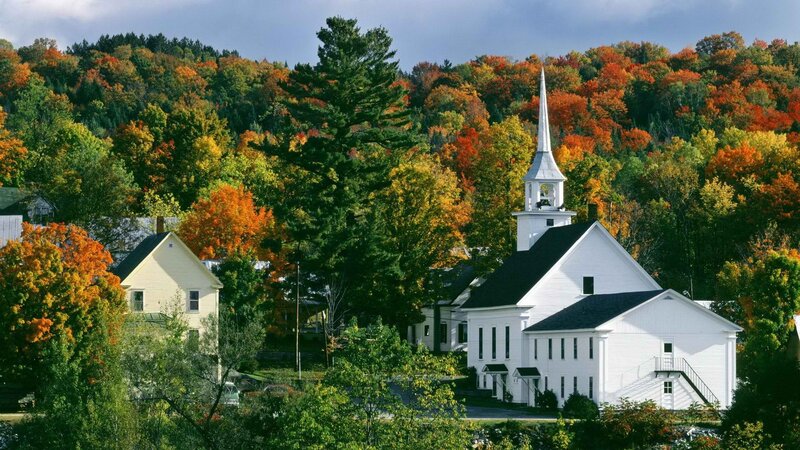 White church in autumn village