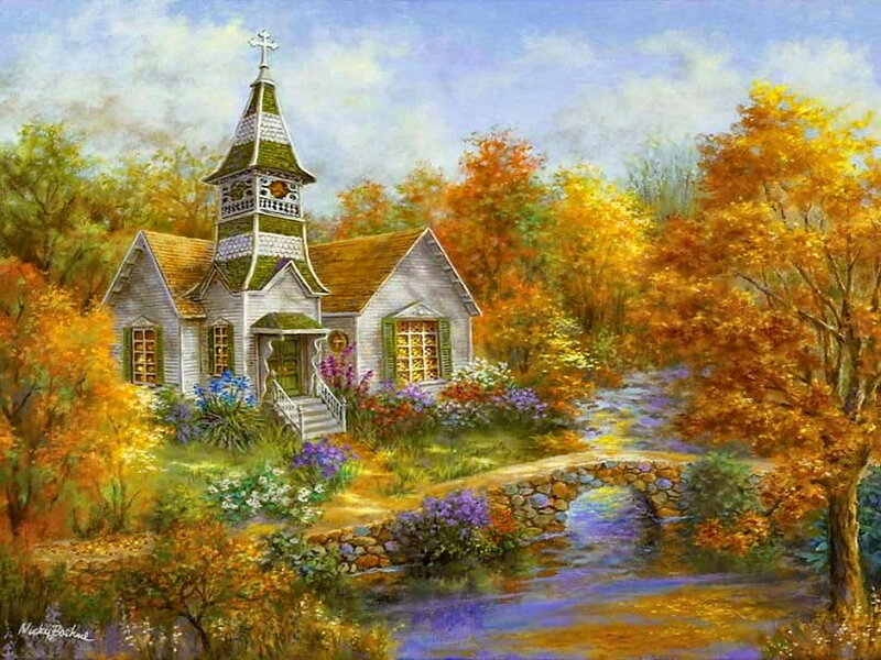 White Church in Autumn — Yellow, Serene, Painting
