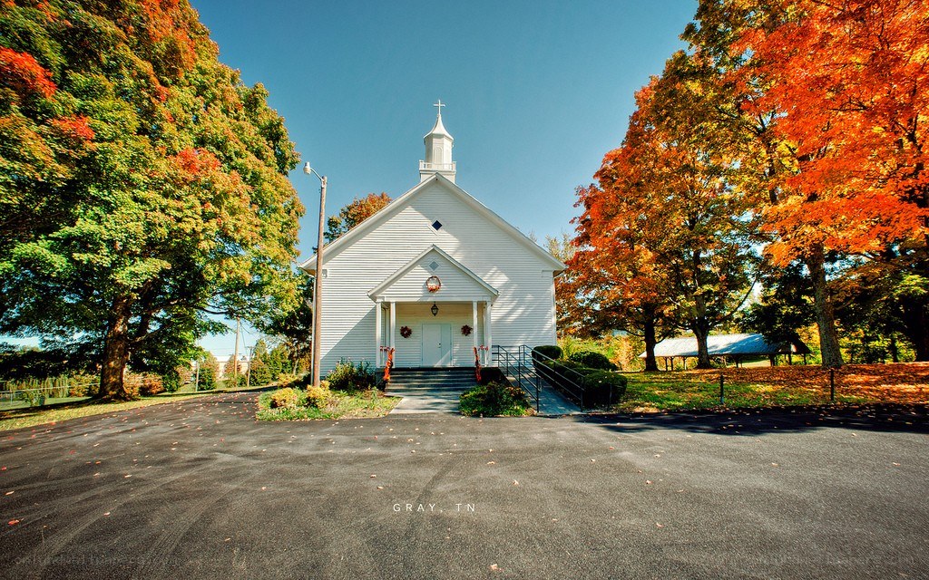 White church in autumn