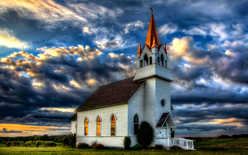 White Church in Field — Blue, Dramatic