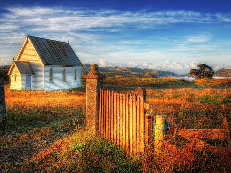 White Church in Field — Blue, Serene, Sunset, Photograph