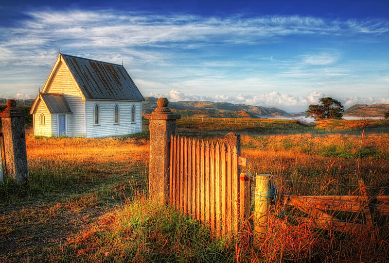 White Church in Field — Blue, Serene, Sunset