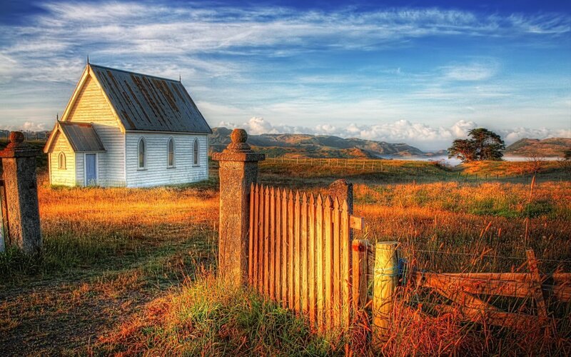 White Church in Field — Blue, Serene