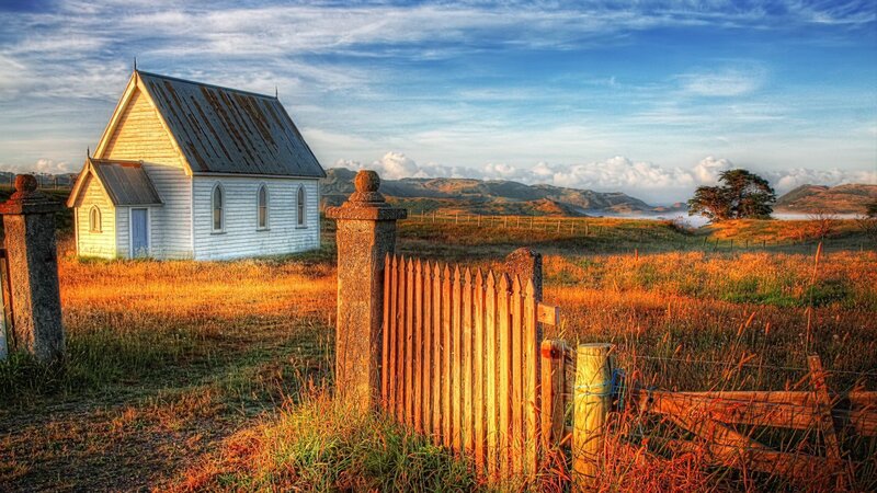 White Church in Field — Blue