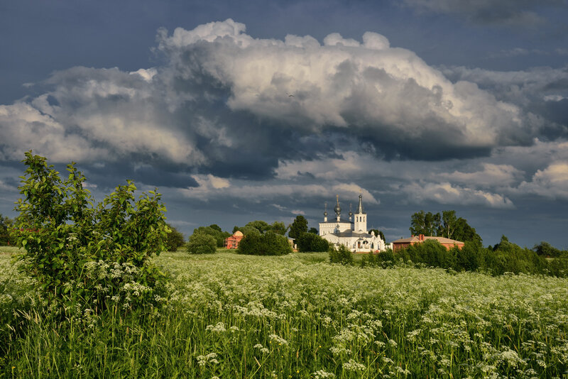 White Church in Field — Green, Dramatic