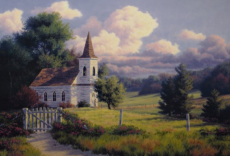 White Church in Field — Green, Serene
