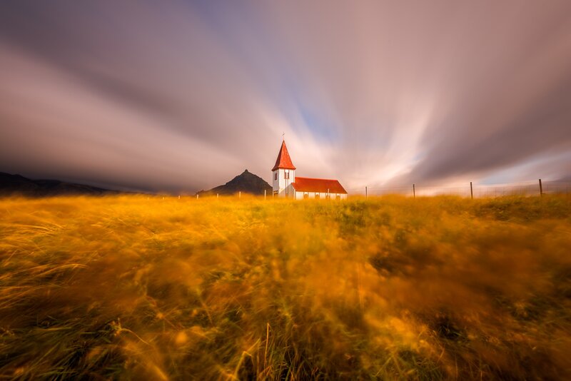 White Church in Field — Yellow, Dramatic