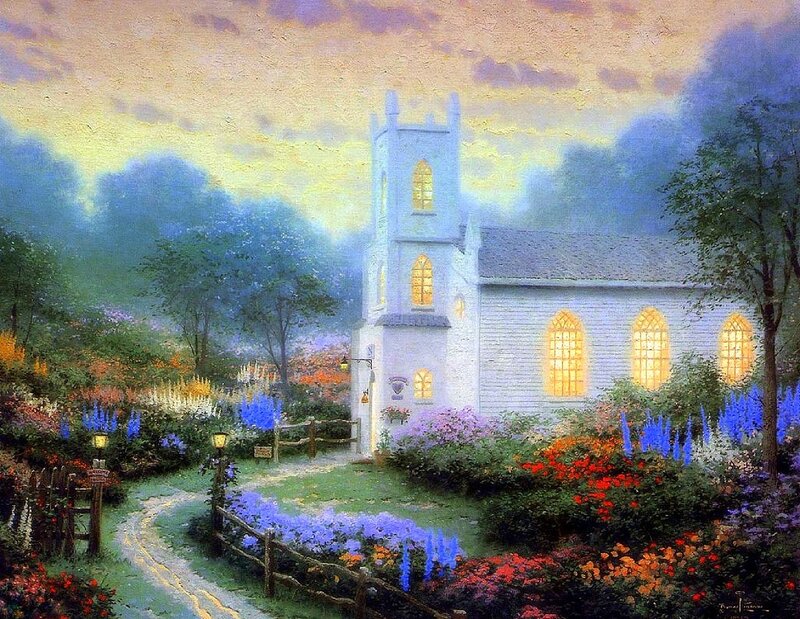 White Church in Garden — Blue
