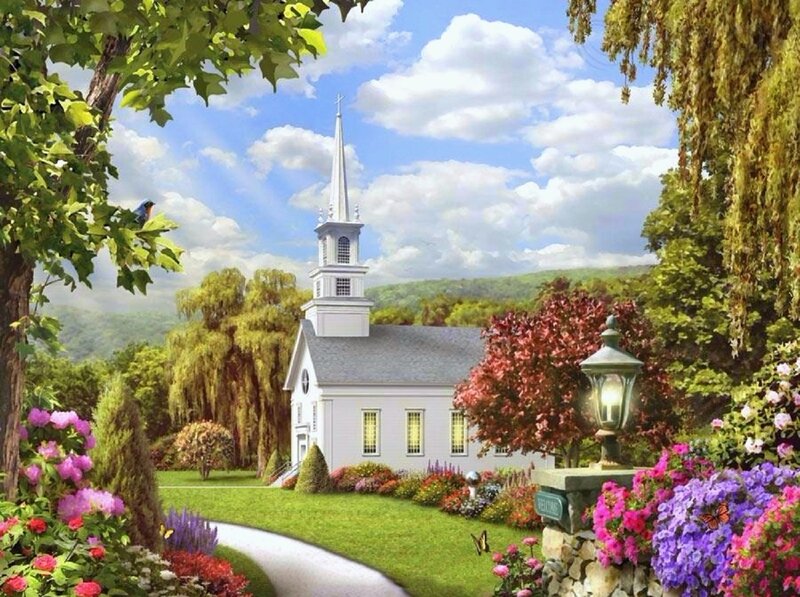 White Church in Garden — Green, Serene, Afternoon, Digital Art