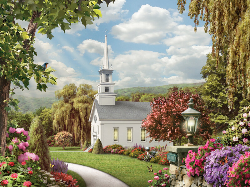 White Church in Garden — Green, Serene