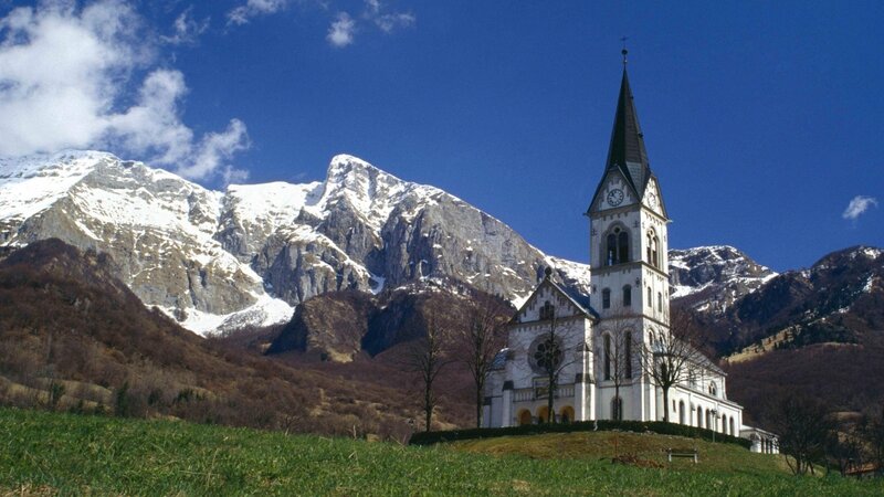 White Church in Mountains — Blue, Serene, Spring