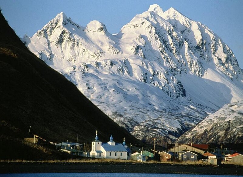 White Church in Mountains — Blue, Serene