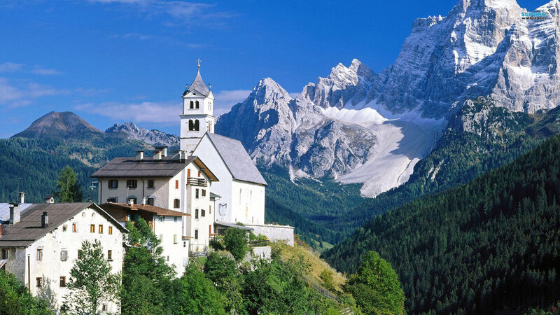 White Church in Mountains — Blue