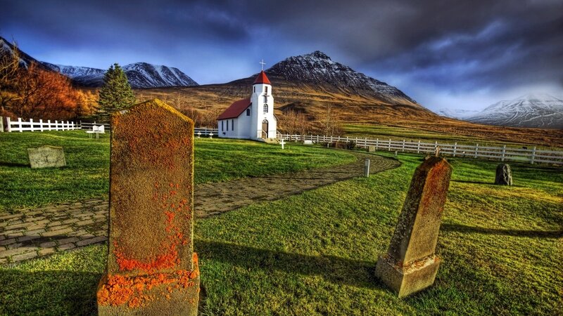 White Church in Mountains — Green, Dramatic, Afternoon
