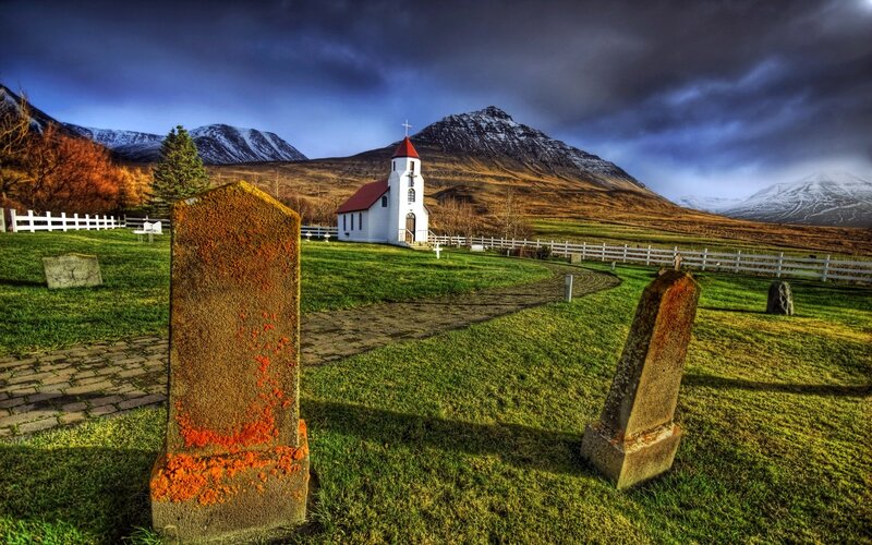 White Church in Mountains — Green, Dramatic