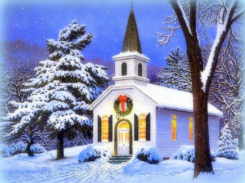 White Church in Snow — Blue, Peaceful