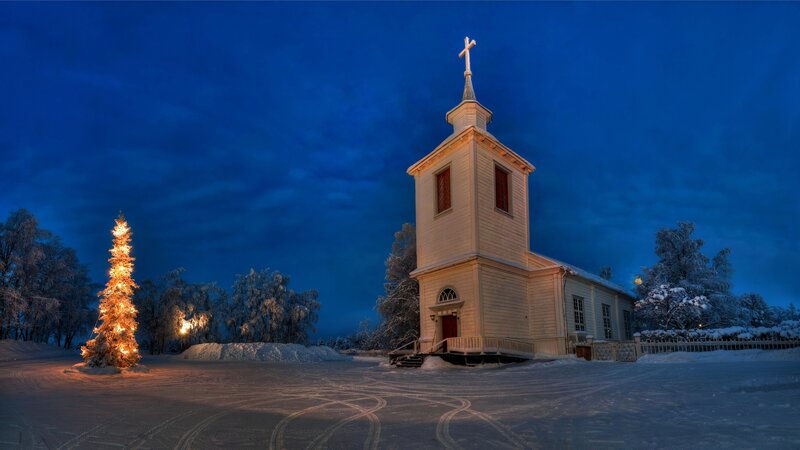 White Church in Snow — Blue, Serene, Night, Photograph