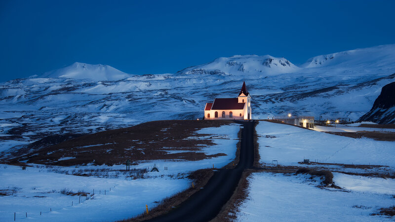 White Church in Snow — Blue, Serene, Night