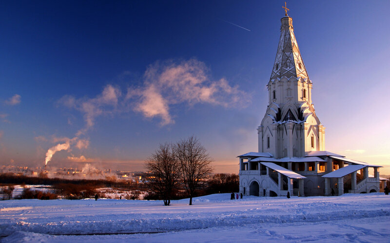 White Church in Snow — Blue, Serene