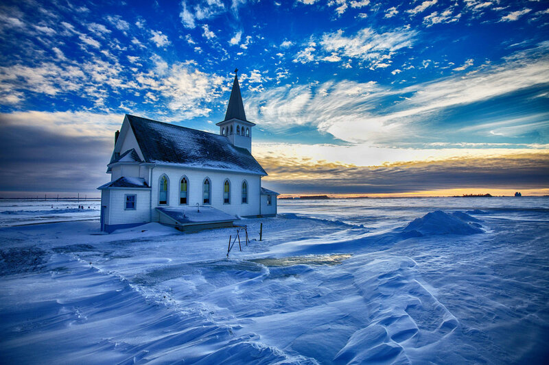 White Church in Snow — Blue, Serene, Winter, Photograph, Sky