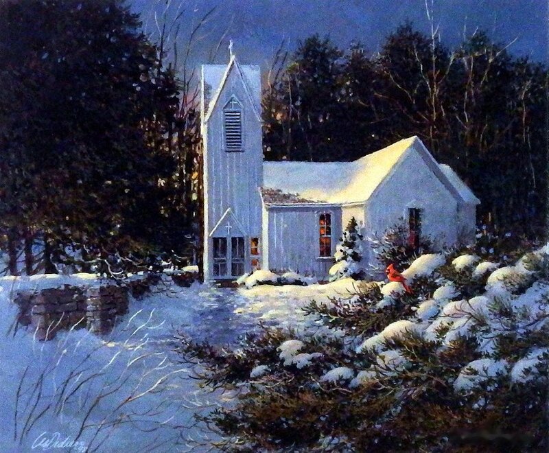 White Church in Snow — Serene, Winter, Painting, Trees, Cardinal