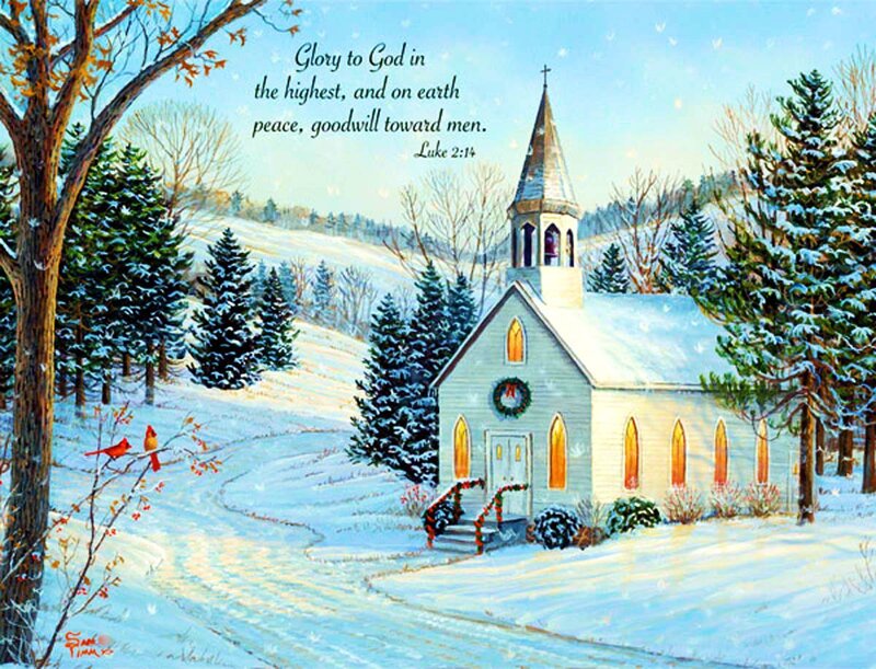 White Church in Snow — Serene, Winter, Painting, Trees