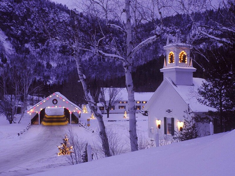 White Church in Snow — Serene, Winter, Photograph, Covered Bridge