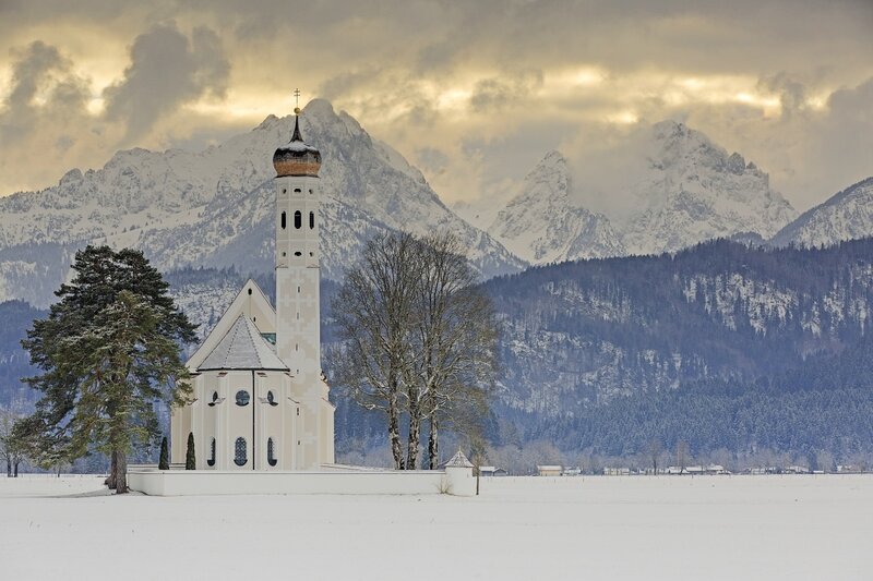 White Church in Snow — Serene, Winter, Photograph, Mountains