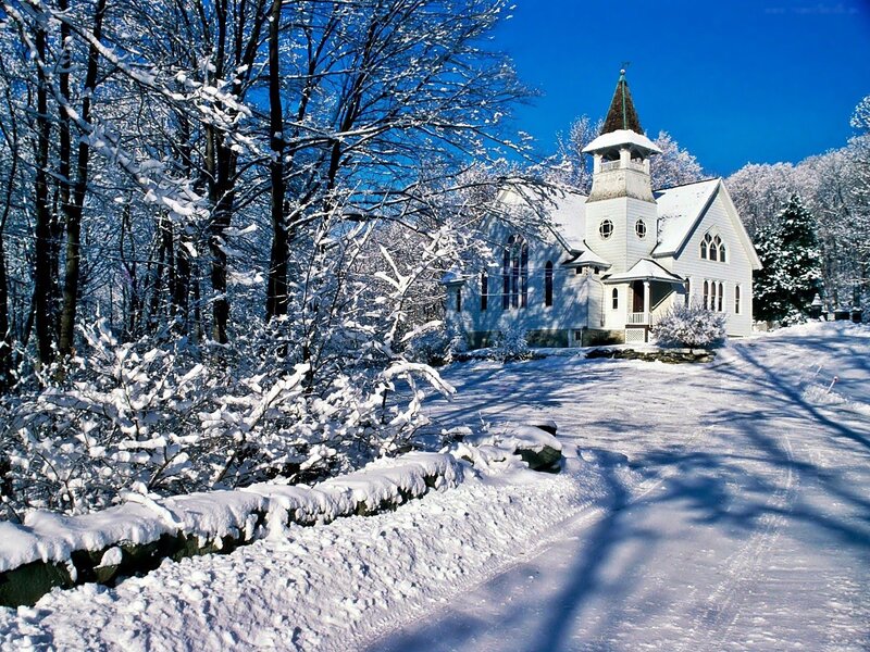 White Church in Snow — Serene, Winter, Photograph, Trees, Blue Sky