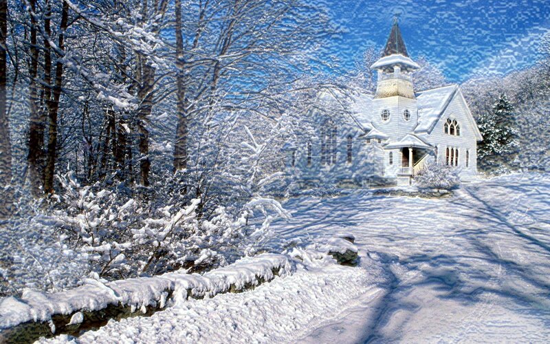 White Church in Snow — Serene, Winter, Photograph, Trees, Steeple