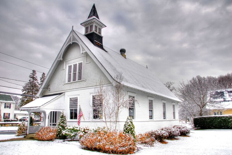White church in snowy landscape