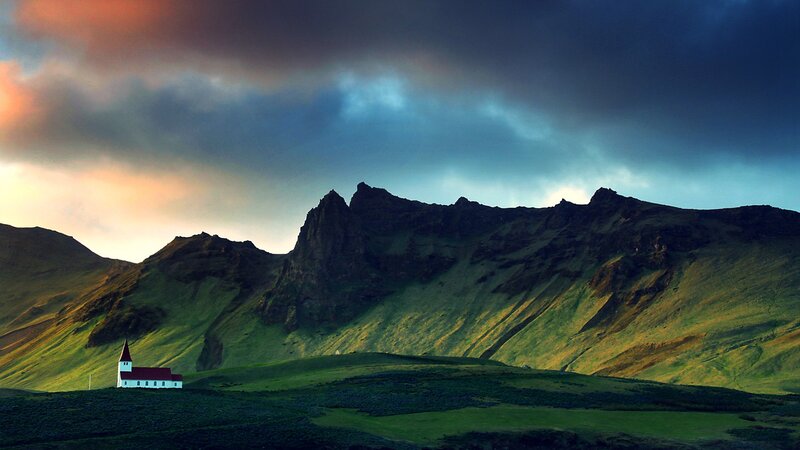 White Church in Valley — Green, Dramatic, Sunset, Photograph