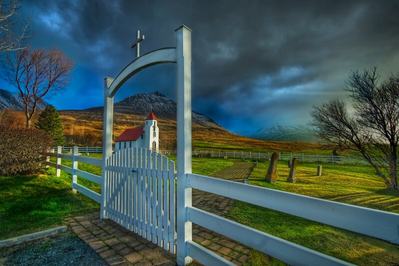 White Church in Valley — Green, Dramatic, Sunset