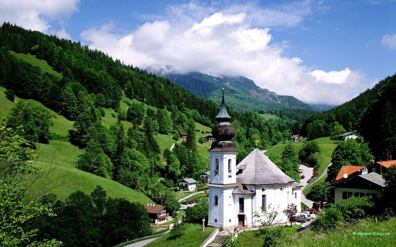 White Church in Valley — Green, Serene, Afternoon, Photograph