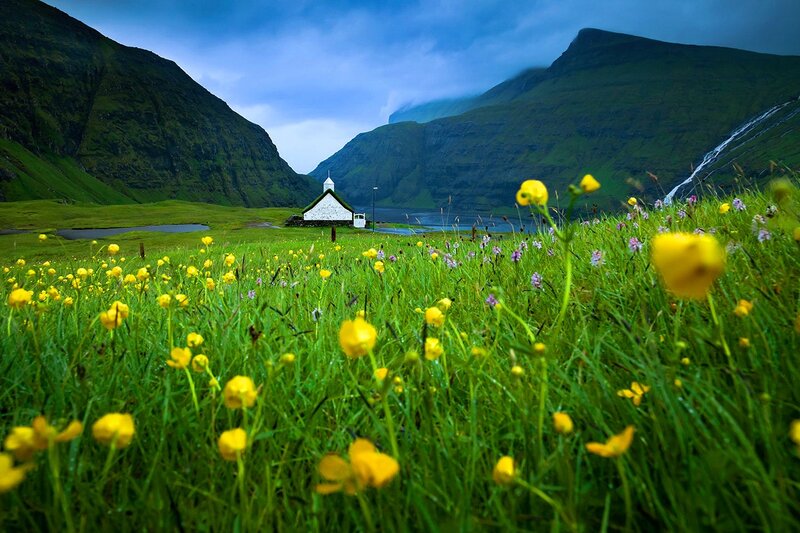 White Church in Valley — Green, Serene