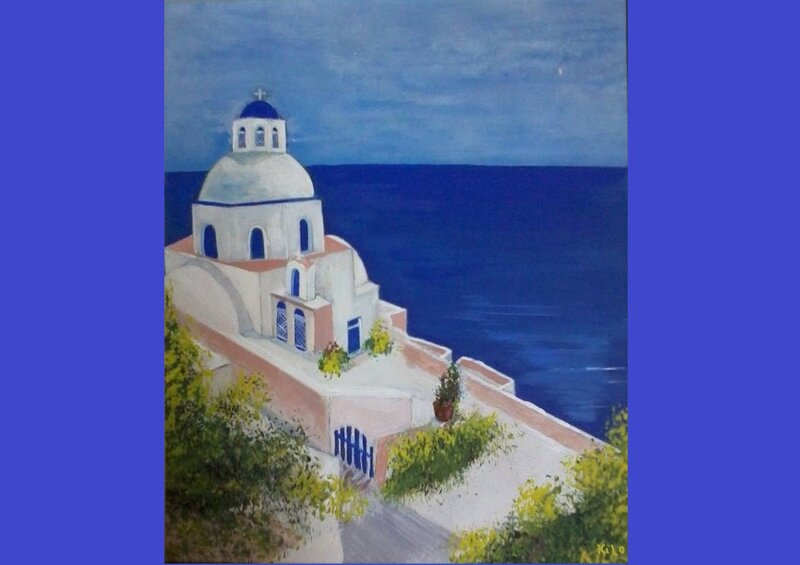 White Church on Cliff — Blue, Serene, Afternoon, Painting