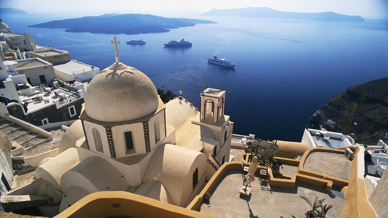 White Church on Cliff — Blue, Serene, Afternoon, Photograph, Cruise Ships